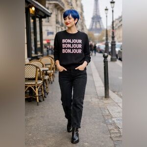 Karl Lagerfeld Black “Bonjour” Graphic Crewneck Sweater Pink Logo Women’s Medium